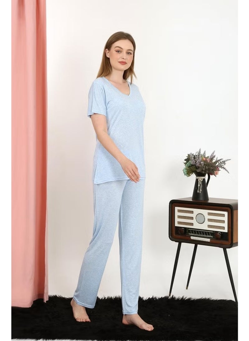 Akbeniz Women's Short Sleeve Cotton Combed Pajama Set Blue 4213 - Image 1